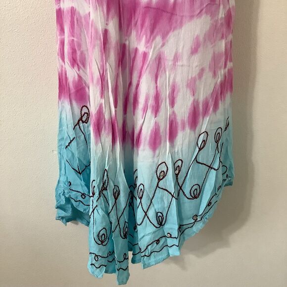 Vintage Blue Tie Dye Fairy Hippie Boho Embroidered Festive Mini Dress Large - Picture 3 of 9